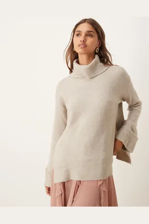 VILA Jersey beis melange extragrande con cuello y puños vueltos de -Beis neutro
