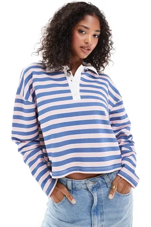 ASOS Sudadera rosa a rayas de estilo rugby con cuello tipo polo de