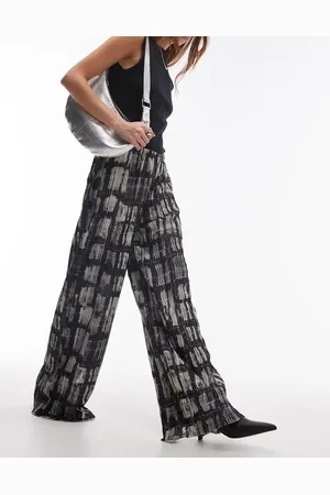 Topshop Pantalones a cuadros grises plisados de pernera ancha de
