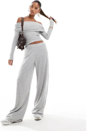 Kaiia Pantalones gris claro jaspeado de pernera ancha de canalé de (parte de un conjunto)