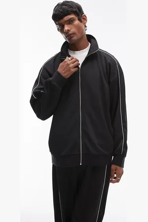 Topman Sudadera negra extragrande con cremallera y detalle de ribetes dobles de (parte de un conjunto)