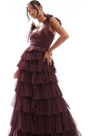 Lace & Beads Vestido largo color escalonado con lazos en los hombros de tul de -Morado