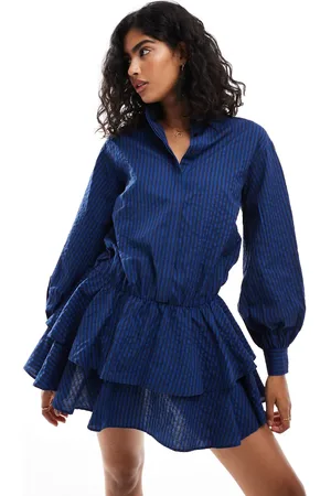 ASOS Vestido camisero corto azul marino a rayas con volante en el bajo de -Multicolor