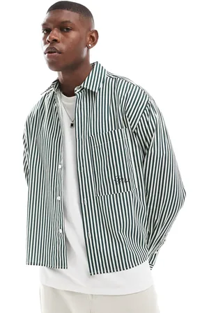 ASOS Camisa verde a rayas de corte cuadrado extragrande con detalle bordado de