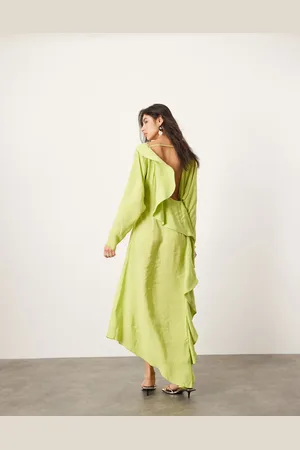 ASOS Vestido largo verde lima asimétrico de manga larga con espalda descubierta de