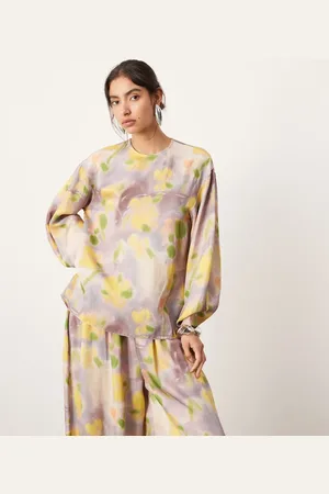 ASOS Top de manga larga con estampado floral difuminado de satén (parte de un conjunto)-Multicolor