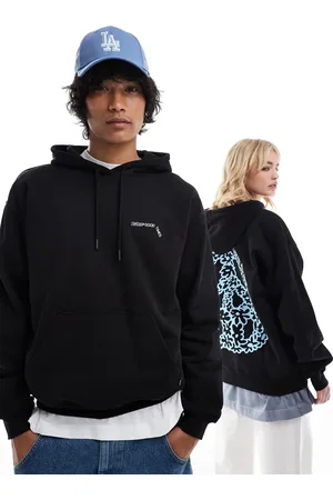Dr Denim Sudadera negra unisex holgada con capucha y estampado gráfico en la espalda de símbolo de la paz y letras "DD" de tejido grueso cepillado Damien de
