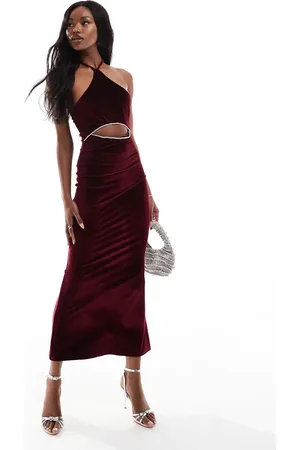 ASOS Vestido midi de terciopelo con cuello halter, tiras cruzadas y ribete de strass de -Rojo