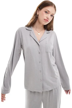 Loungeable Pijama jaspeado de pantalones de pernera ancha y top con cuello de solapas y detalle de ribetes de tejido muy suave de