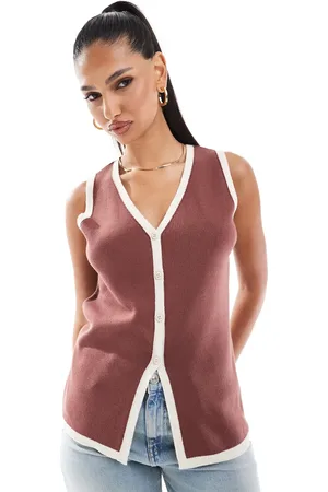 ASOS Chaleco largo marrón con escote de pico de punto de
