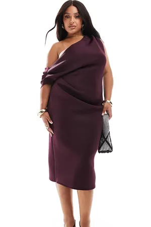 ASOS Vestido midi color plisado con hombro caído de ASOS DESIGN Curve-Morado