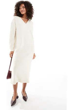 VERO MODA Vestido midi color con cuello de pico de punto premium de -Blanco