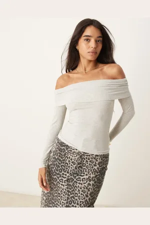 Abercrombie & Fitch Top gris de manga larga con escote Bardot plegado de