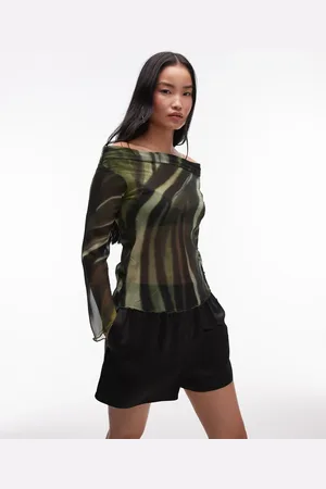 MANGO Top con estampado y escote Bardot de malla de