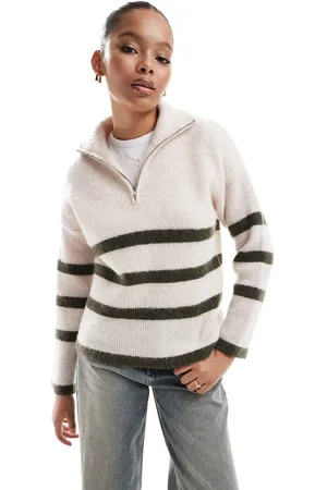 SELECTED Jersey color crema a rayas verdes con media cremallera de punto de mezcla de lana de merino de Femme-Blanco