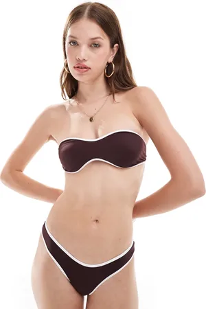 Free Society Top de bikini color crema y café con escote palabra de honor y ribetes en contraste de
