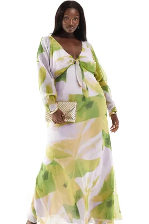 ASOS Vestido largo lila y verde escotado con estampado abstracto y lazada delantera de ASOS DESIGN Curve-Multicolor