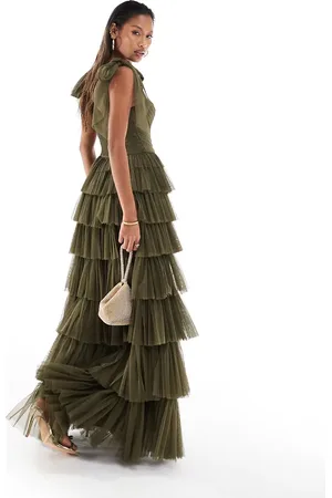 Lace & Beads Vestido largo verde escalonado con lazos en los hombros de tul de