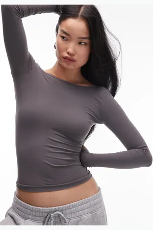 Free People Camiseta gris de manga larga con diseño encogido y espalda escotada ancha de
