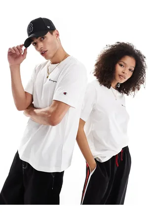 Champion Camiseta blanca unisex con logo en el lado izquierdo del pecho de