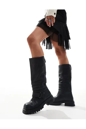 Bronx Botas biker por la rodilla negras de cuero pulido Quinn de