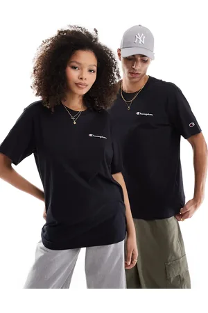 Champion Camiseta negra unisex con logo en el lado izquierdo del pecho de