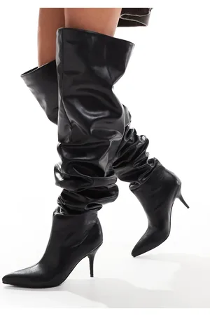 AZALEA WANG Botas por encima de la rodilla negras fruncidas Seira de