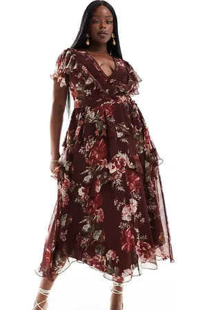 ASOS Vestido midi burdeos escalonado con estampado floral, abertura en la espalda e insertos de encaje de ASOS DESIGN Curve-Multicolor