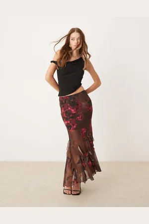 New Look Falda midi con estampado de rosas y volante de chifón de