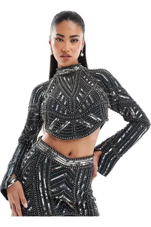 ASOS Top azul marino oscuro de cuello alto con adornos de perlas y lentejuelas de (parte de un conjunto)