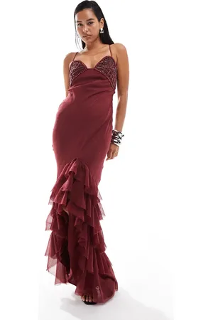 ASOS Vestido largo con cuello halter, detalle de volantes en el bajo y cuerpo adornado de -Rojo