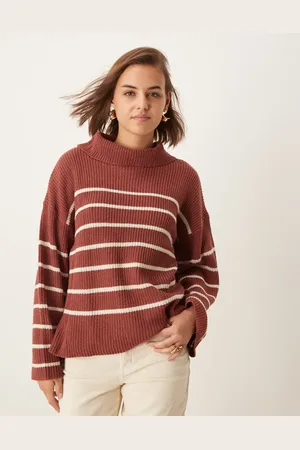 VILA Jersey color terracota a rayas de corte suelto con cuello alto de -Naranja