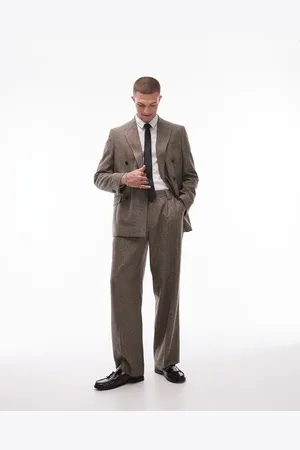 Topman Pantalones de traje marrones de pernera ancha con patrón de espiga de