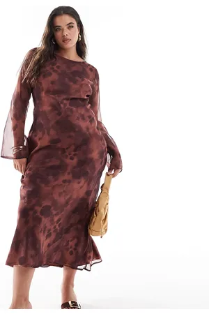 ASOS Vestido midi marrón de manga larga con estampado abstracto de chifón de ASOS DESIGN Curve-Multicolor