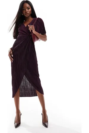 Ax Paris Vestido midi color cruzado de manga corta con detalle de anilla de tejido plisado de -Morado