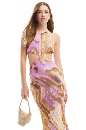 ASOS Vestido semilargo con abstracto, cuello halter, abertura y cuerpo de satén de -Multicolor