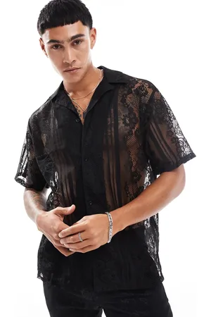 Twisted Tailor Camisa negra de manga corta con cuello de solapas de encaje de