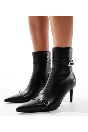 New Look Botines negros con tacón de altura media, puntera fina y hebillas de