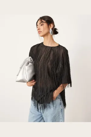 ASOS Top de corte cuadrado con detalle de flecos de tejido liso de -Multicolor