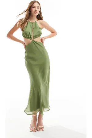 ASOS Vestido semilargo con cuello halter, abertura y cuerpo de satén de -Verde