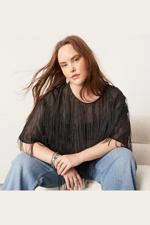 ASOS Top de corte cuadrado con detalle de flecos de tejido liso de Curve
