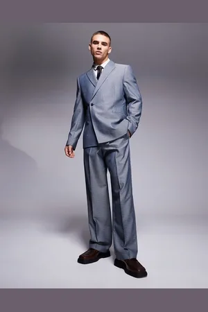 ASOS Pantalones de traje grises de corte ancho con patrón a cuadros entretejido de