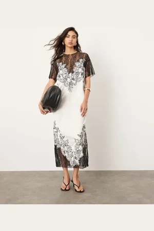 ASOS Vestido midi de corte recto de satén con bordados y aplicaciones de encaje en contraste de