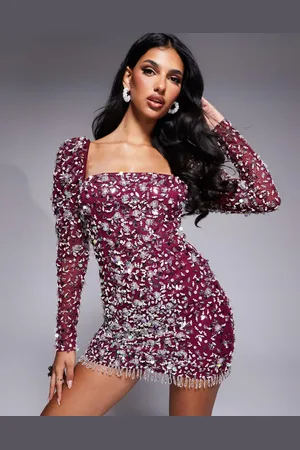 ASOS Vestido corto de manga larga con mangas abullonadas y abalorios de -Rojo