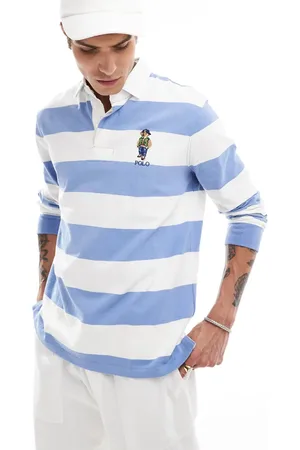 Ralph Lauren Polo a rayas azules y blancas de estilo rugby con logo de oso universitario de