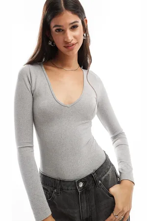 ASOS Body gris jaspeado de manga larga sin costuras con cuello de pico y diseño moldeador de