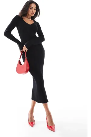 In The Style Vestido semilargo estilo jersey con cuello de pico de canalé suave de