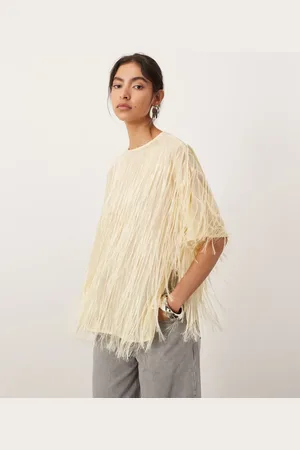 ASOS Top amarillo pastel de corte cuadrado de tejido liso con detalle de flecos de -Beis neutro