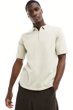 ASOS Polo color con cremallera corta de punto de grosor medio de algodón de -Beis neutro