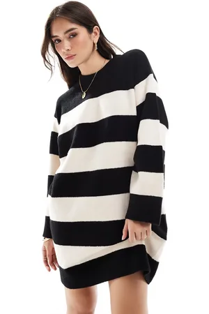ASOS Vestido corto a rayas monocromáticas con cuello redondo y puños anchos de -Multicolor